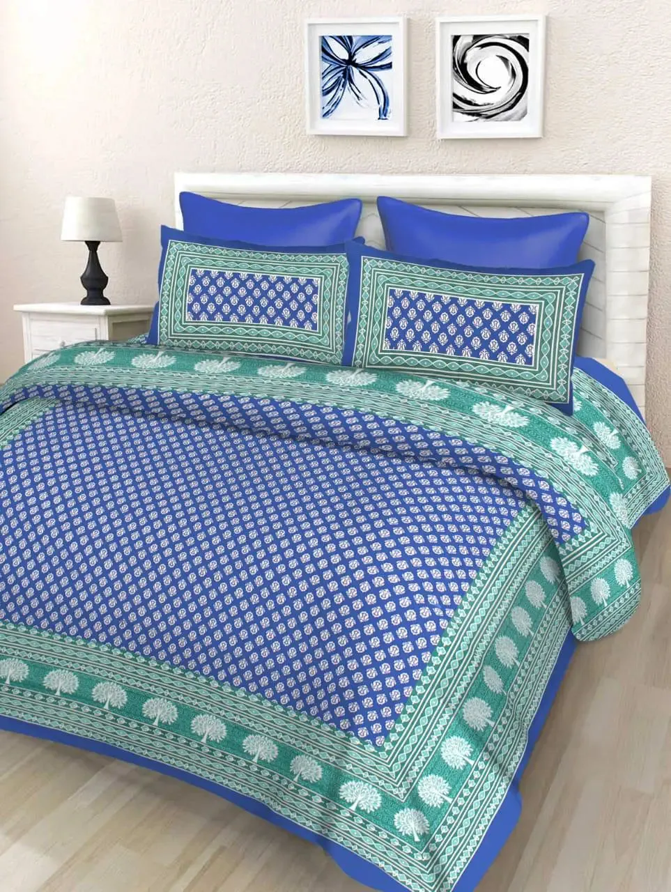 Ethnic Printed Green & Blue 144 TC Cotton Double Bedsheet with Pillow Covers