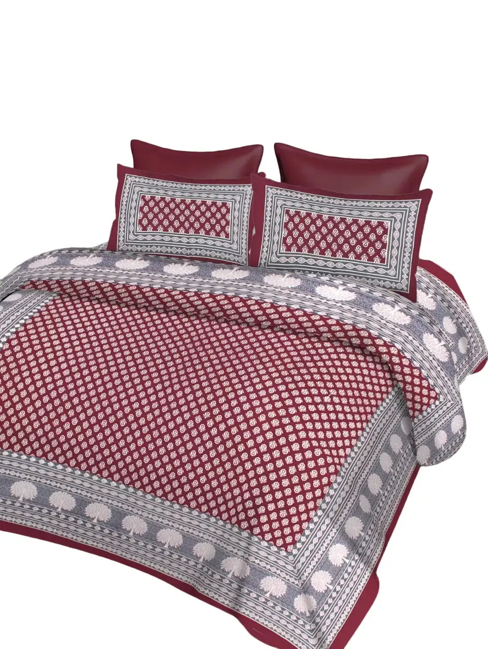 Ethnic Printed Maroon 144 TC Cotton Double Bedsheet with Pillow Covers