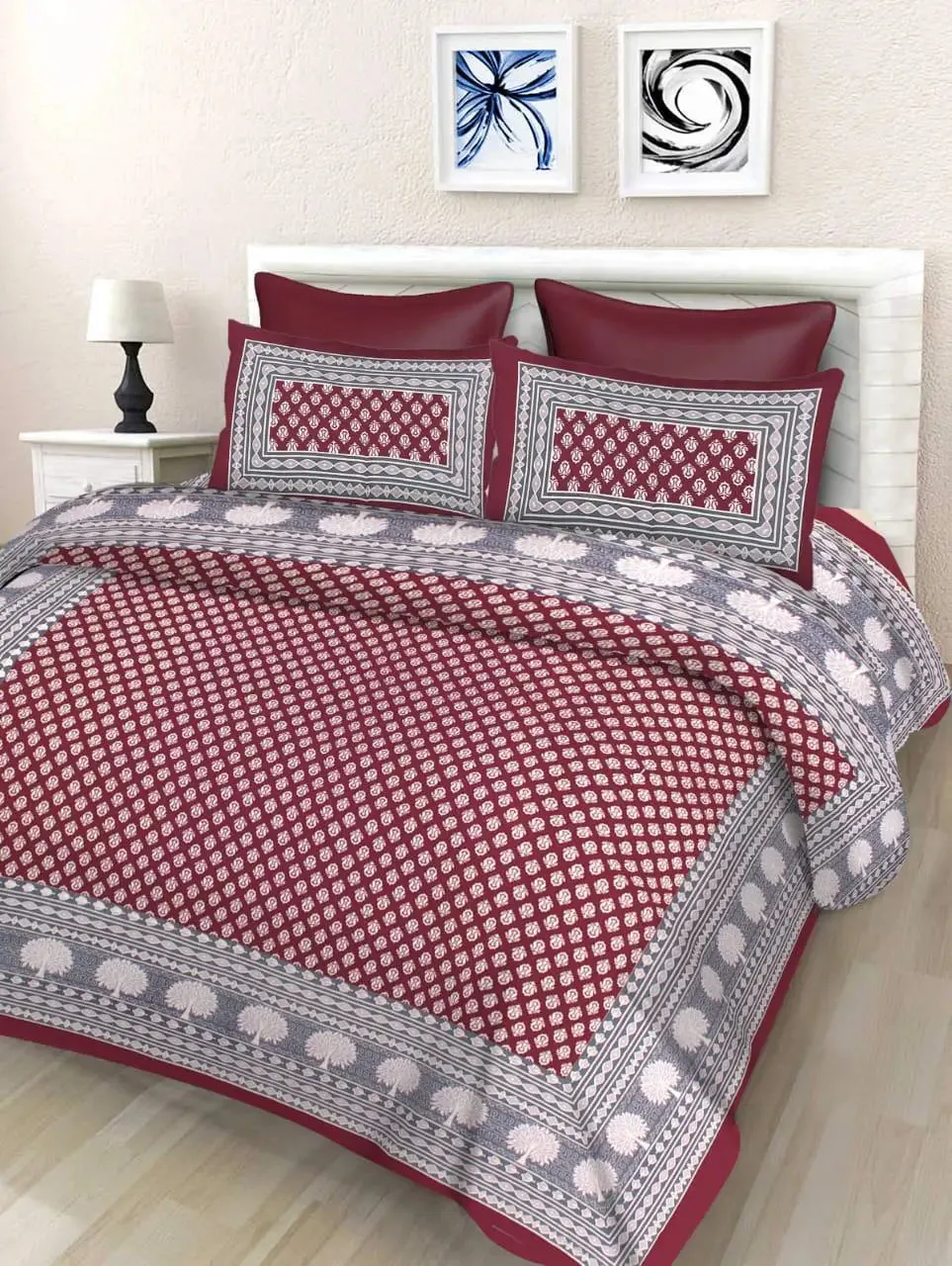 Ethnic Printed Maroon 144 TC Cotton Double Bedsheet with Pillow Covers