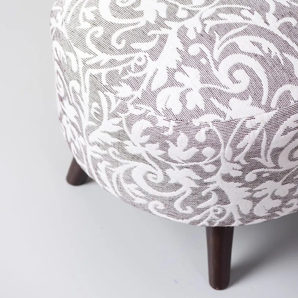 Ethnic Printed Neutral Shade Woven Jacquard Cotton Upholstered Ottoman Wood Stool