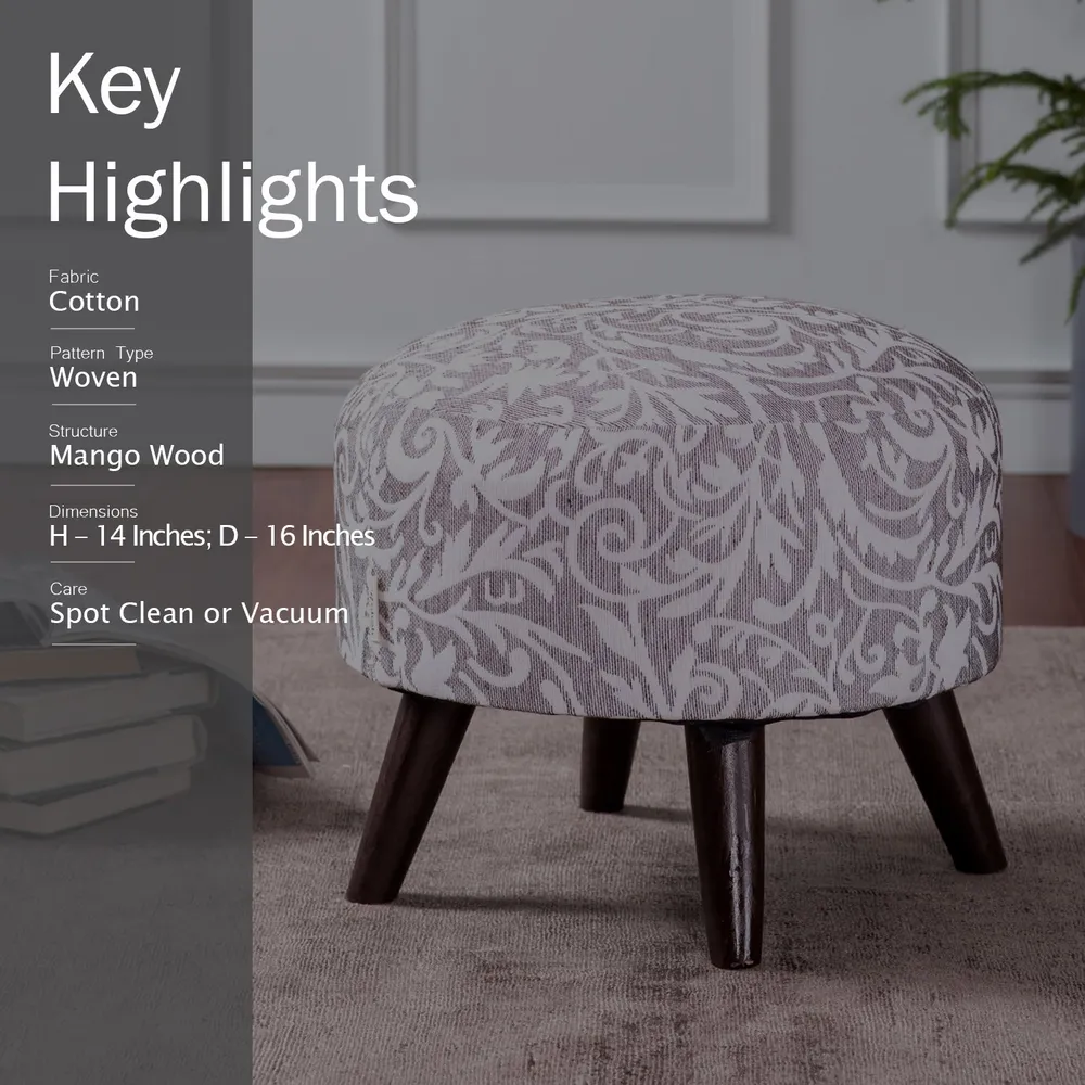 Ethnic Printed Neutral Shade Woven Jacquard Cotton Upholstered Ottoman Wood Stool