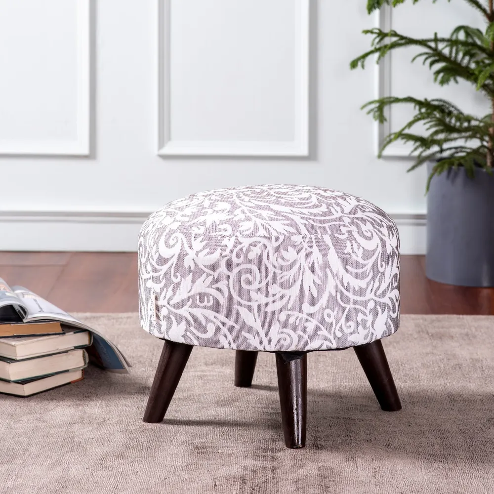 Ethnic Printed Neutral Shade Woven Jacquard Cotton Upholstered Ottoman Wood Stool
