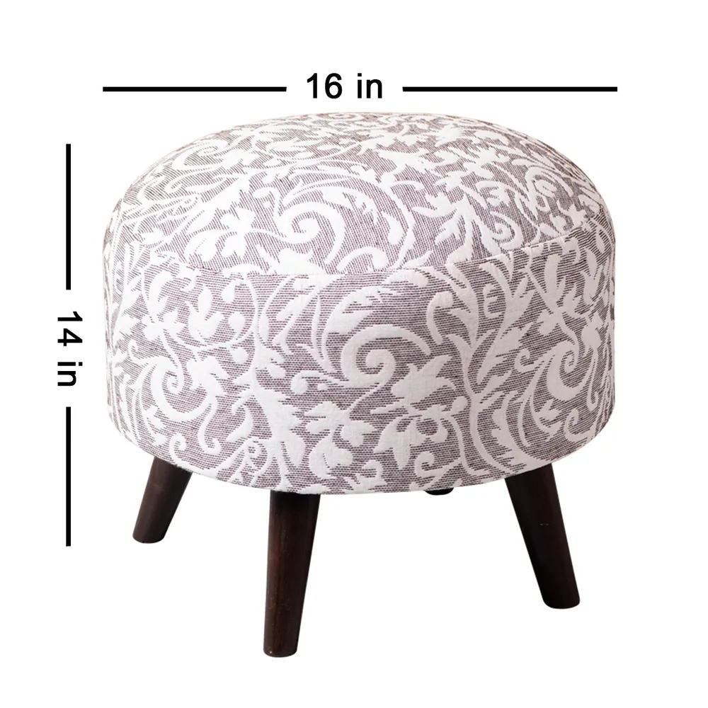 Ethnic Printed Neutral Shade Woven Jacquard Cotton Upholstered Ottoman Wood Stool