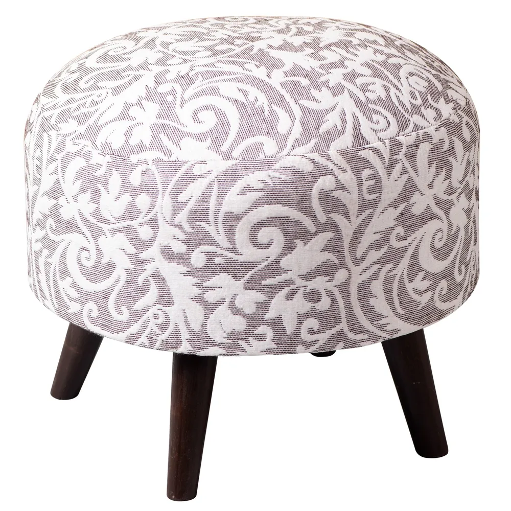 Ethnic Printed Neutral Shade Woven Jacquard Cotton Upholstered Ottoman Wood Stool