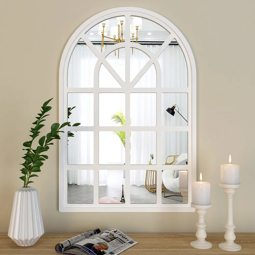 European Arch Motif Window Frame Wooden Decorative Wall Mirror (Available in Multiple Finishes) Brown
