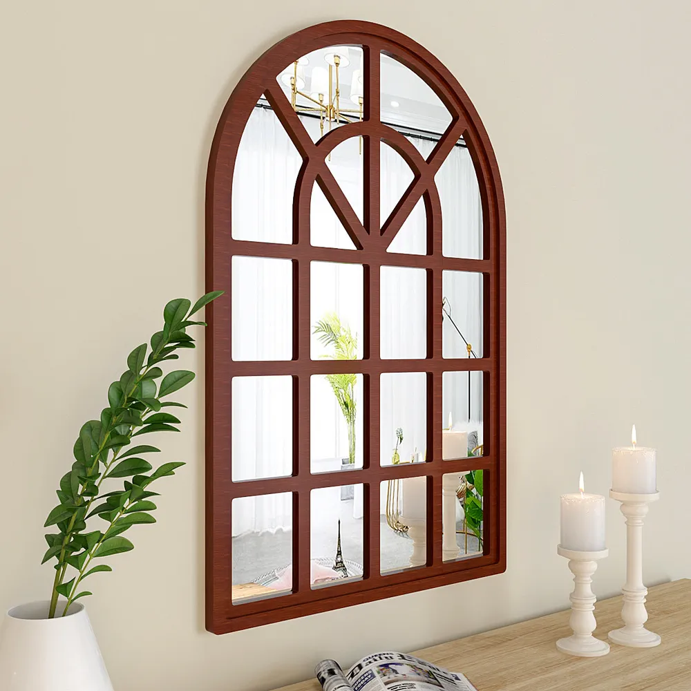 European Arch Motif Window Frame Wooden Decorative Wall Mirror (Available in Multiple Finishes) Brown