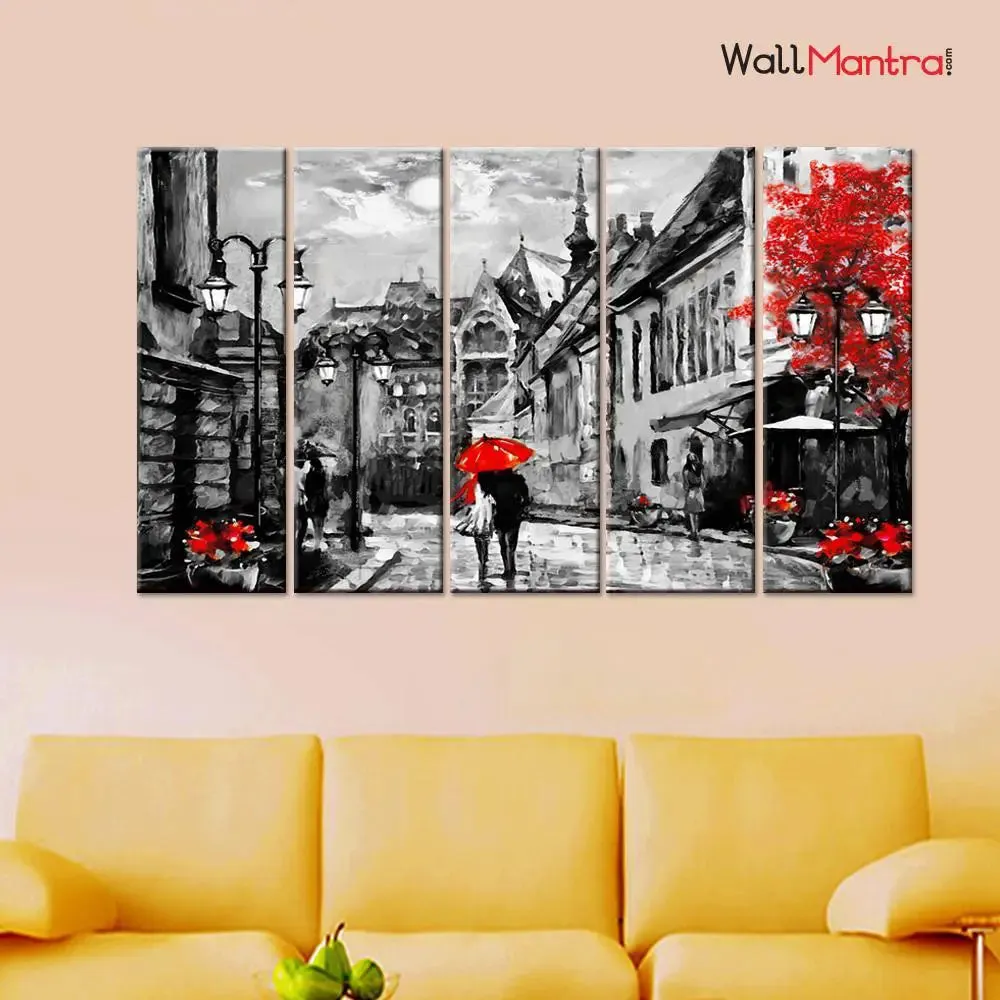 European City Romantic Couple Under a Red Umbrella 5 Pieces Canvas Print Wall Painting