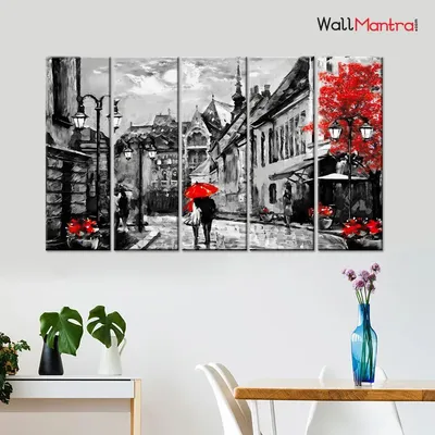 European City Romantic Couple Under a Red Umbrella 5 Pieces Canvas Print Wall Painting