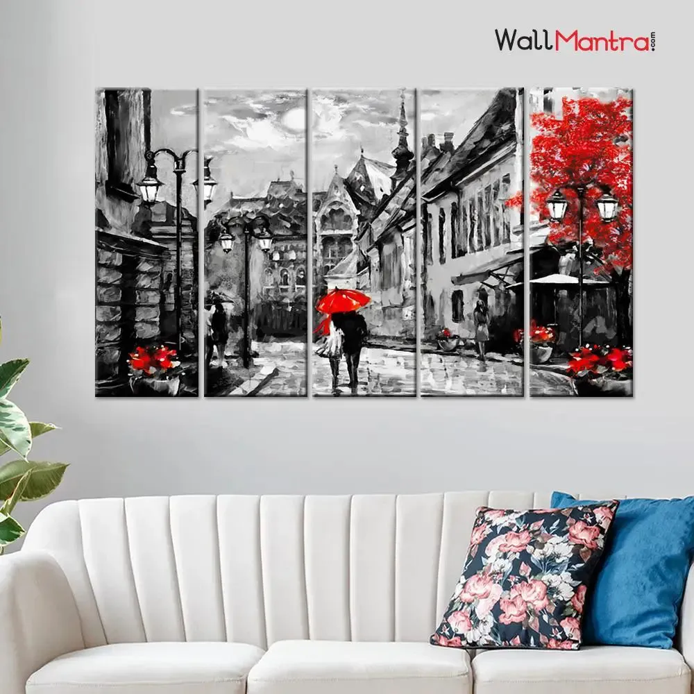 European City Romantic Couple Under a Red Umbrella 5 Pieces Canvas Print Wall Painting
