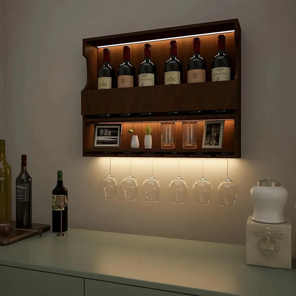 Exquisite Backlit Wooden Bar Shelf / Mini Bar Cabinet in Walnut Finish