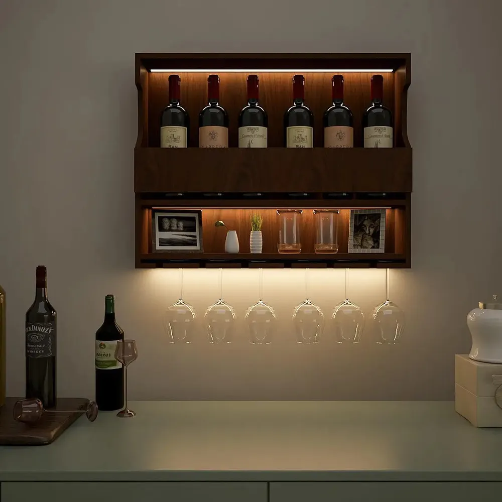 Exquisite Backlit Wooden Bar Shelf / Mini Bar Cabinet in Walnut Finish