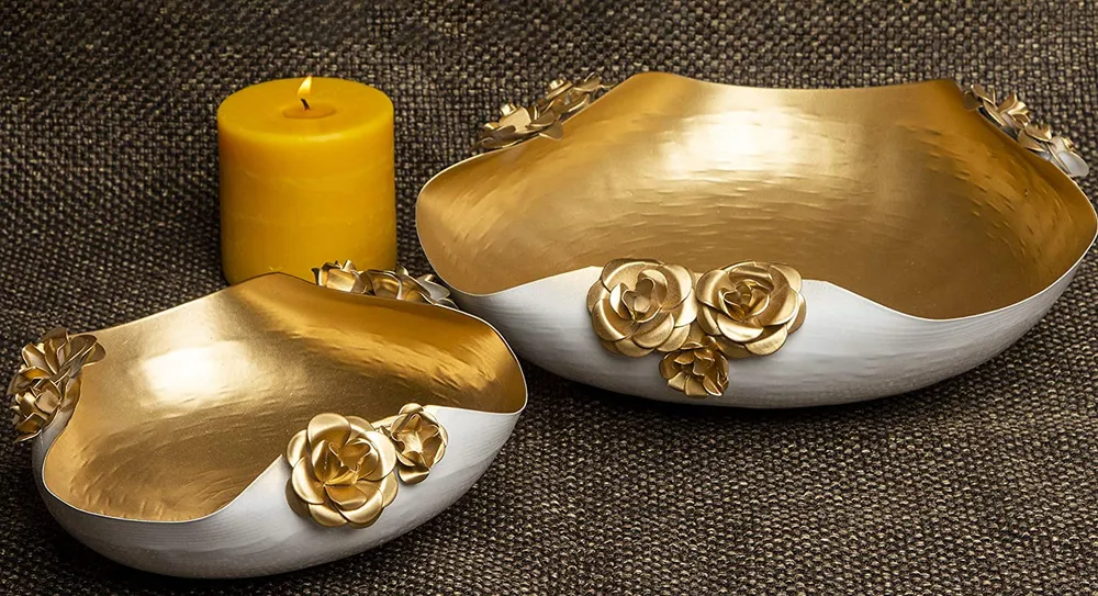 Exquisite Designer White & Gold Fancy Urli Bowl Set Of 2