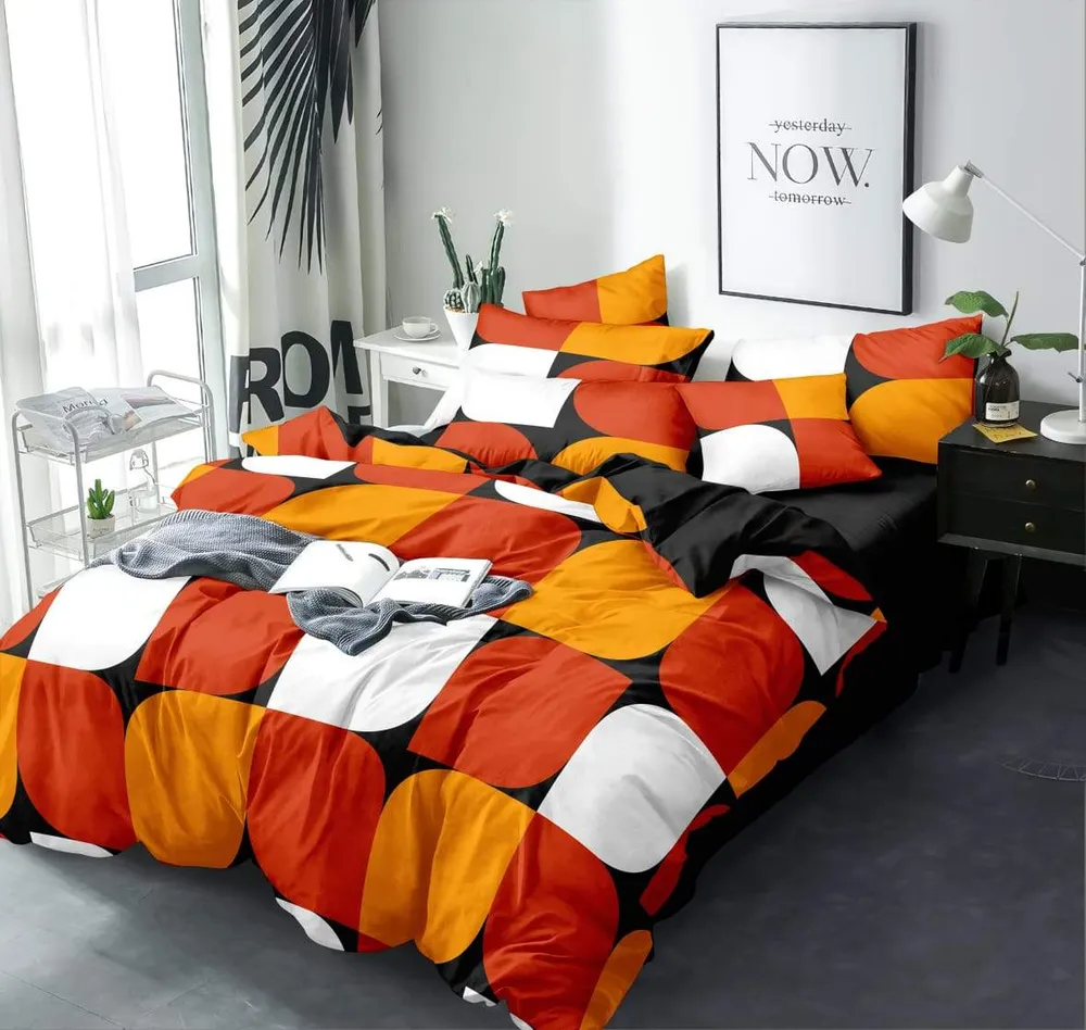 Fall Color Block Print Double Bedsheet With 2 Pillow Covers (Red & Yellow)