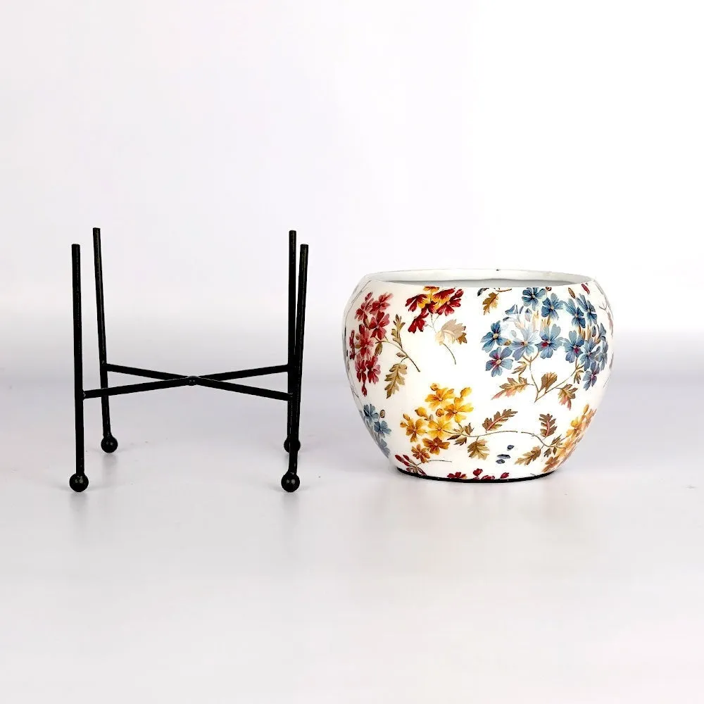 Fall Flowers Printed Metal Planter with Stand