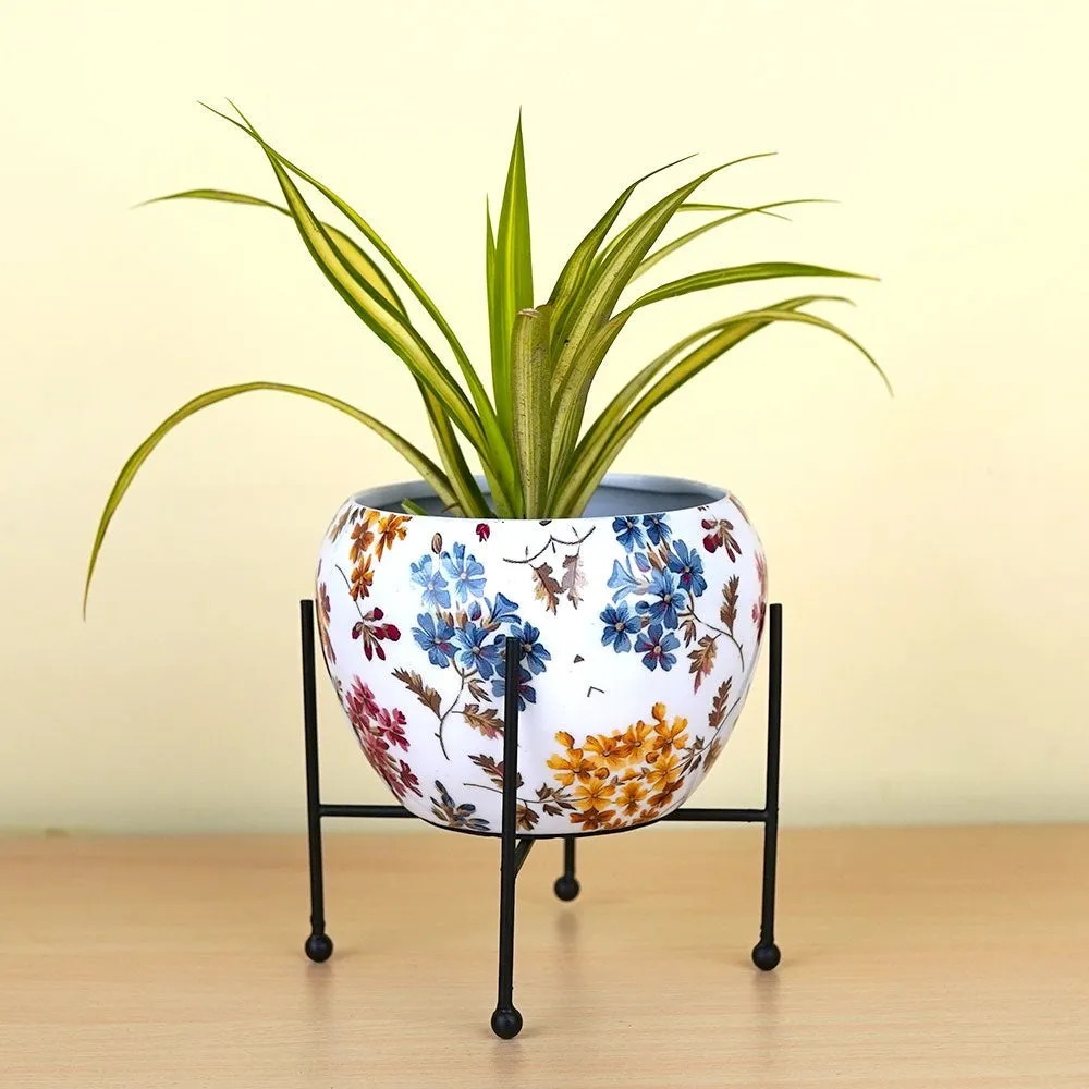 Fall Flowers Printed Metal Planter with Stand