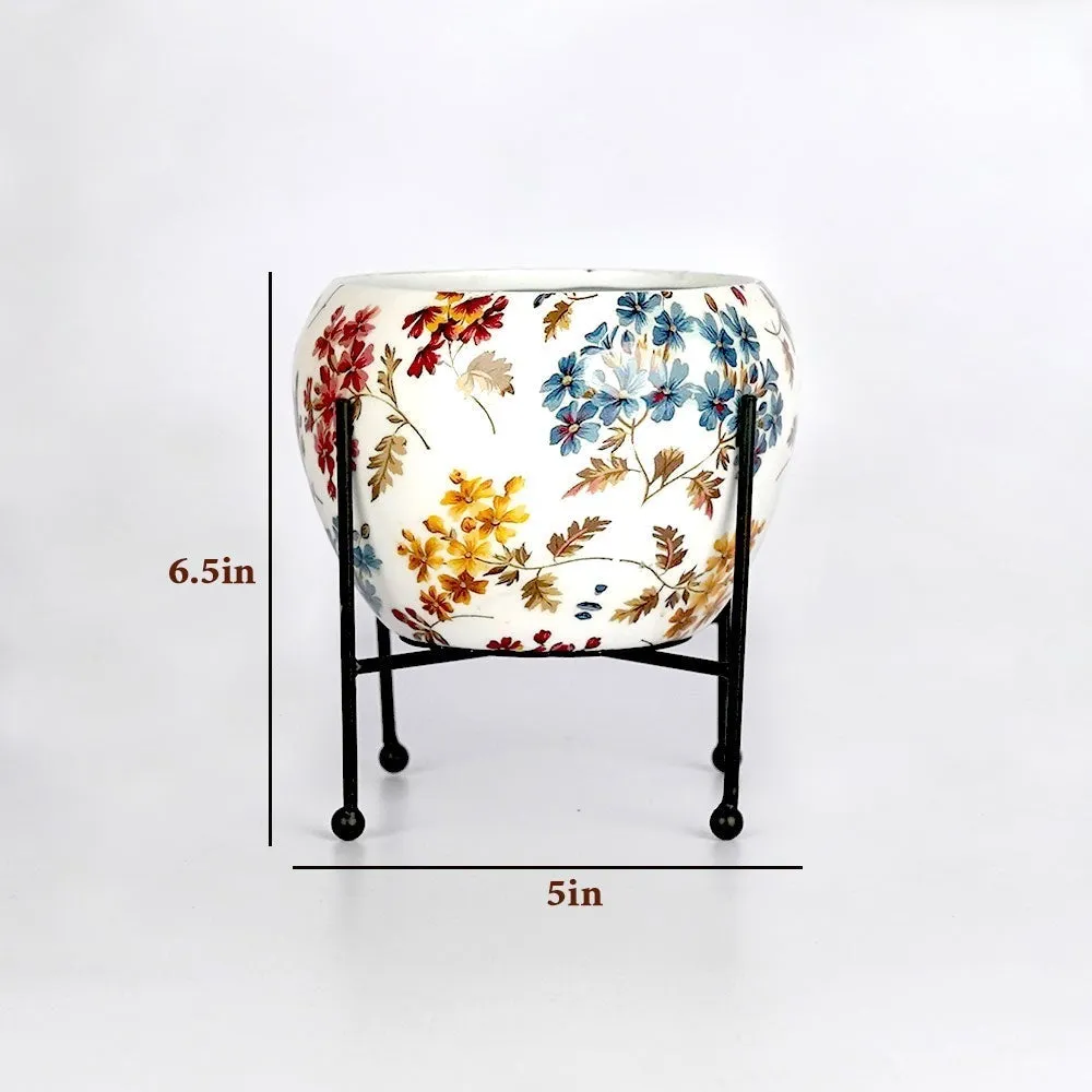 Fall Flowers Printed Metal Planter with Stand