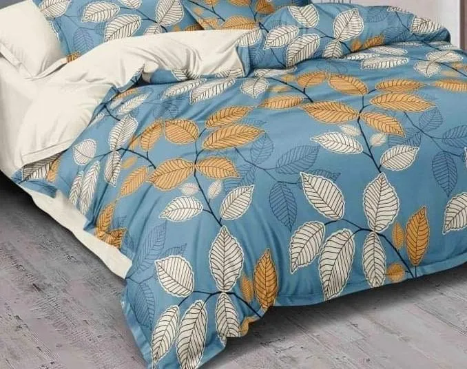 Fall Leaves Designer Double Bedsheet With 2 Pillow Covers (Blue)