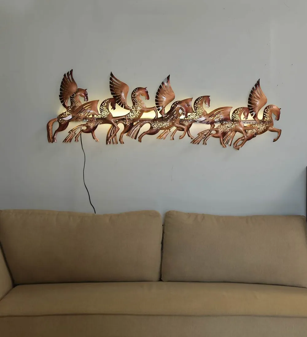 Fantasy Flying Horses Golden LED Metal Wall Art