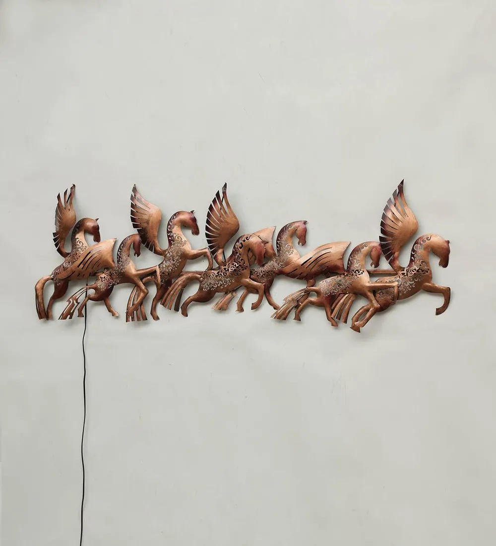 Fantasy Flying Horses Golden LED Metal Wall Art
