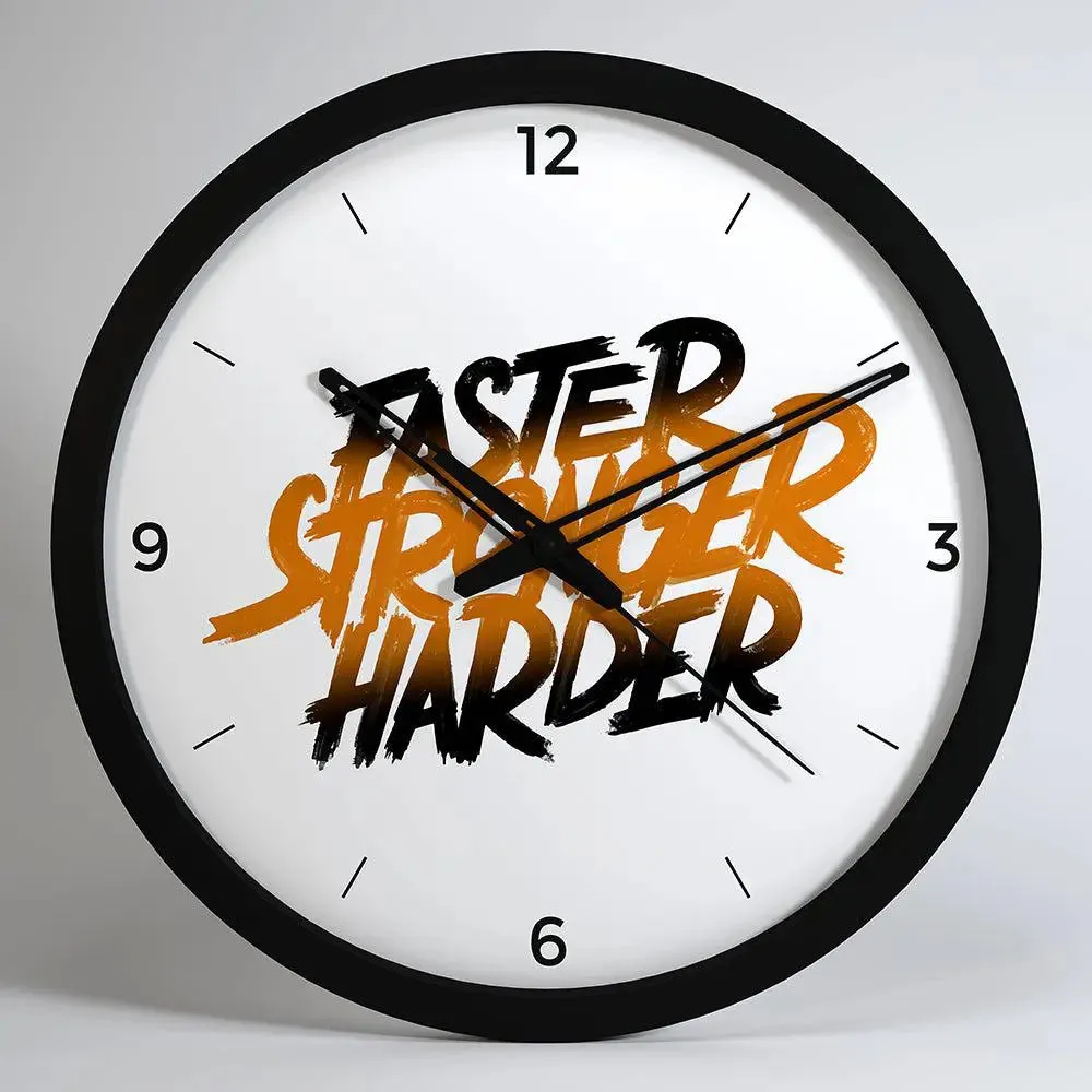 Faster, Stronger & Harder' Typographic Gym Wall Clock- Black Frame