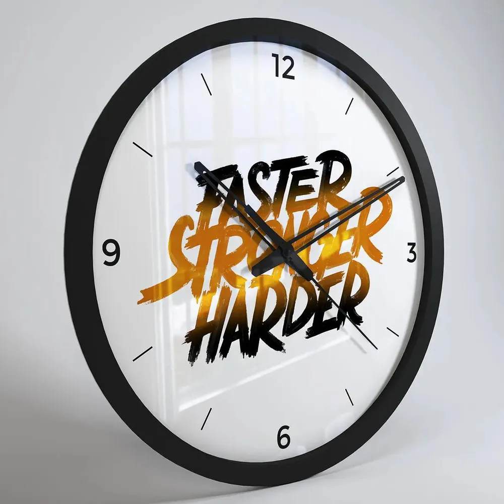 Faster, Stronger & Harder' Typographic Gym Wall Clock- Black Frame
