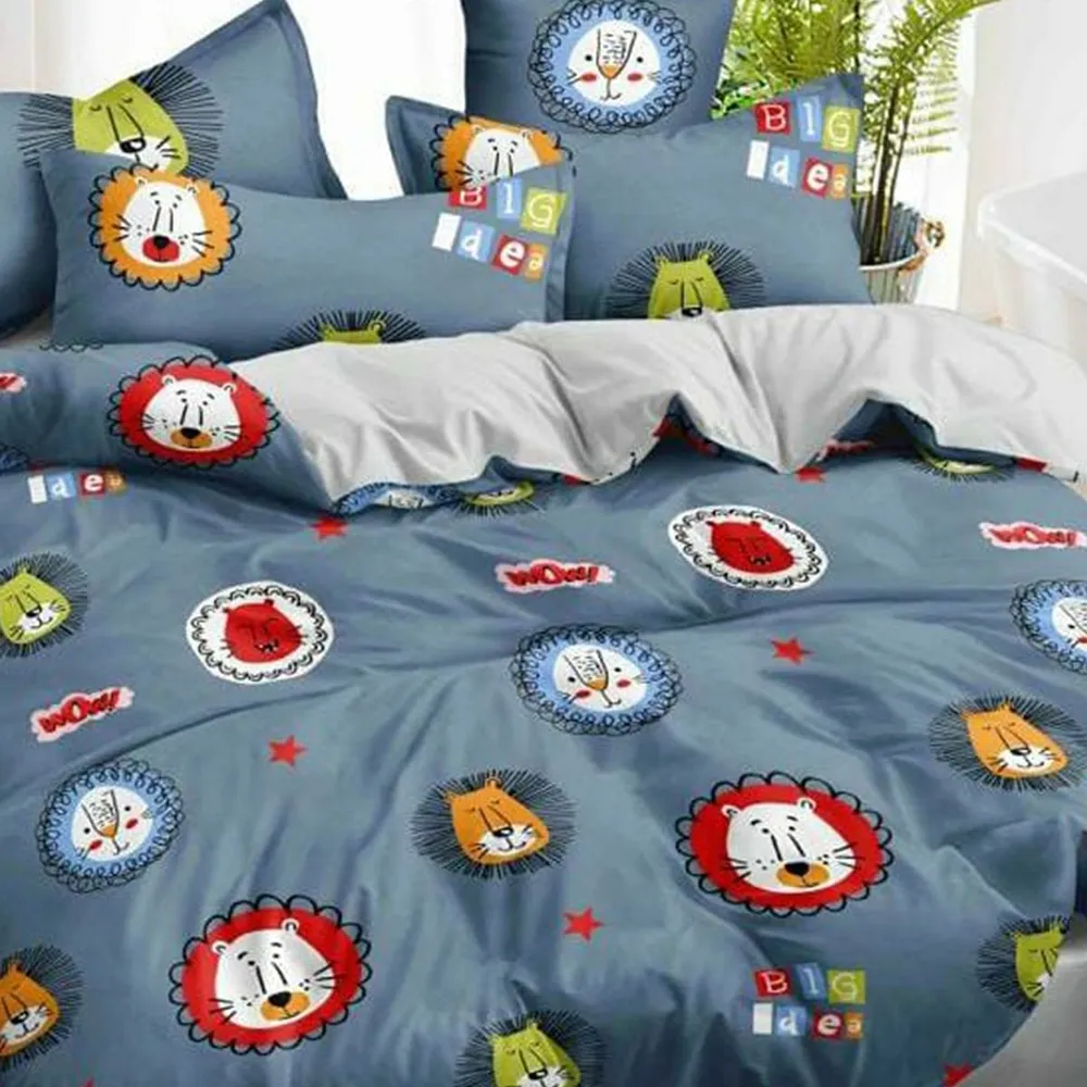 Fiery Lion Cartoon Printed Double Bedsheet With 2 Pillow Covers (Blue)