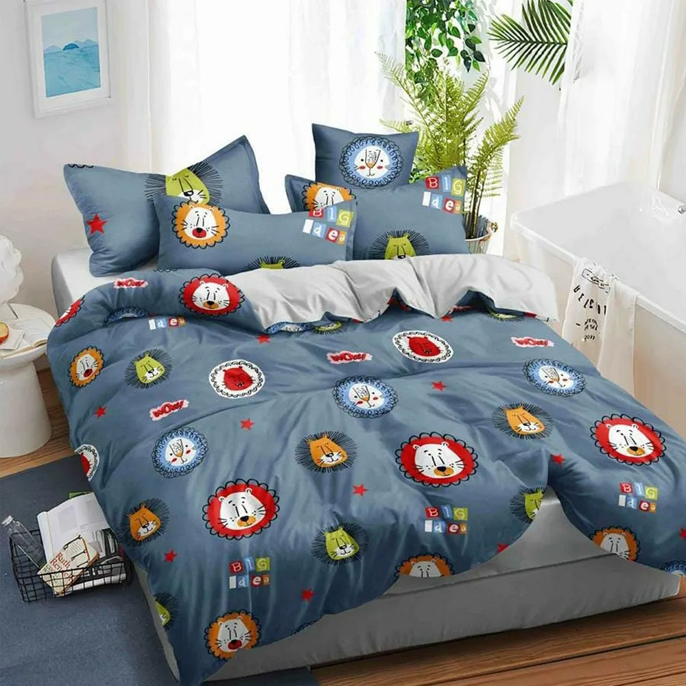Fiery Lion Cartoon Printed Double Comforter (Blue)