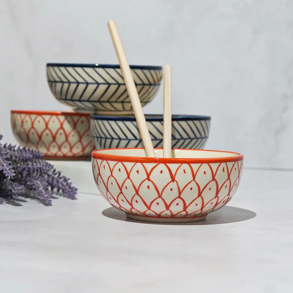 Fish Pattern & Fish Bone Patterned Bowl Set Of 4