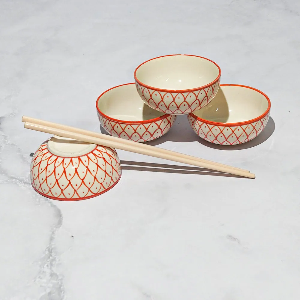 Fish Patterned Orange & Beige Ceramic Bowl Set Of 4