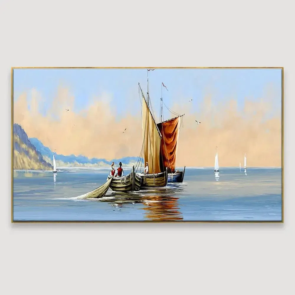 Fisherman on Boat Ocean Scenery Canvas  Wall Hanging With Wood Frame