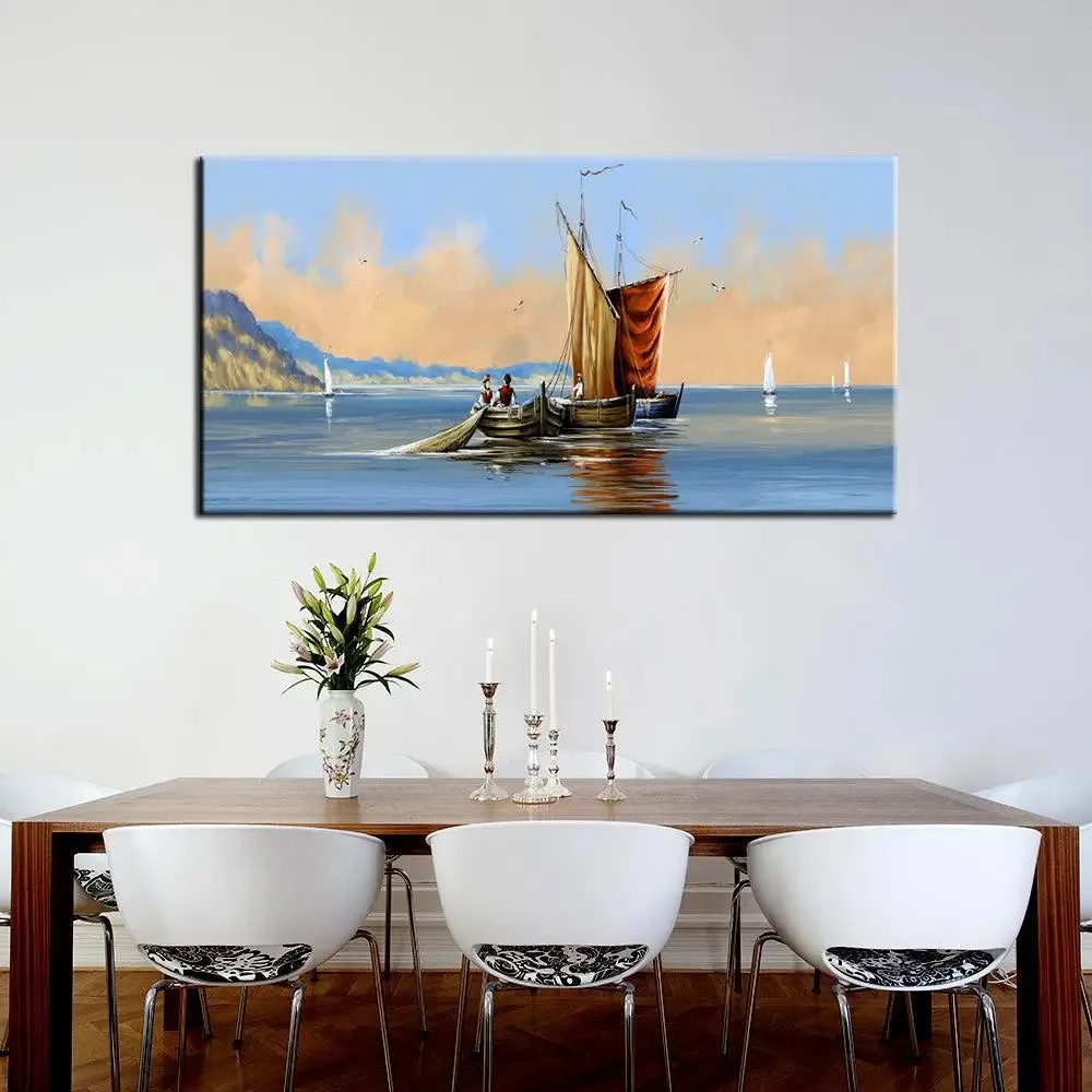 Fisherman on Boat Ocean Scenery Canvas  Wall Hanging With Wood Frame