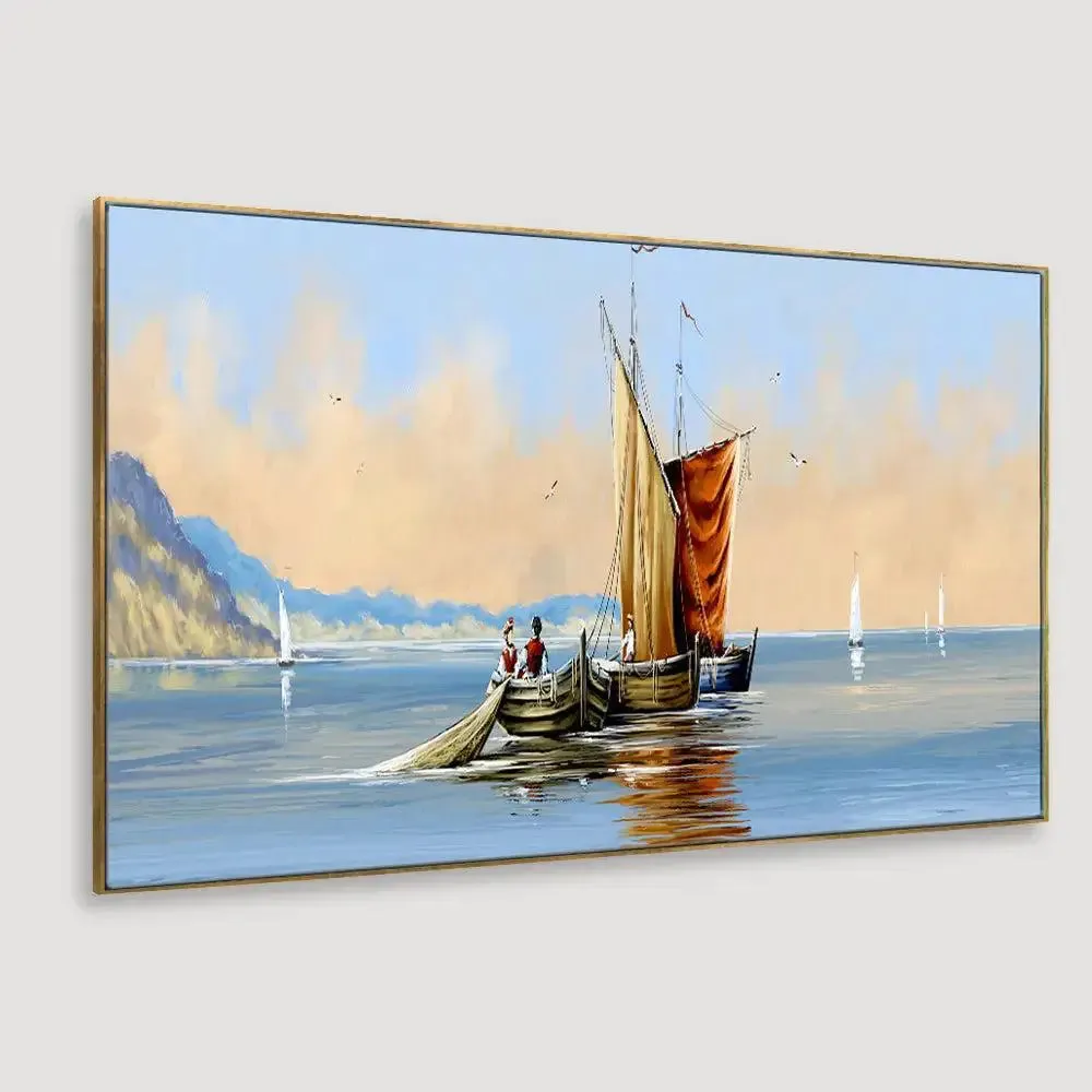 Fisherman on Boat Ocean Scenery Canvas  Wall Hanging With Wood Frame