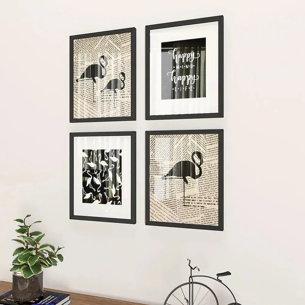 Flamingo Art Wall Painting with Life Quote, Comes in Black Frame, Set of 4