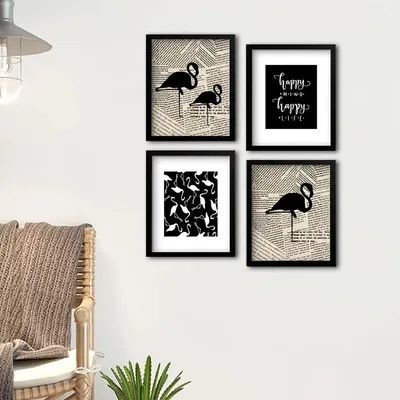 Flamingo Art Wall Painting with Life Quote, Comes in Black Frame, Set of 4