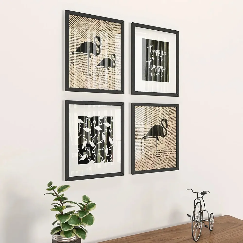 Flamingo Art Wall Painting with Life Quote, Comes in Black Frame, Set of 4