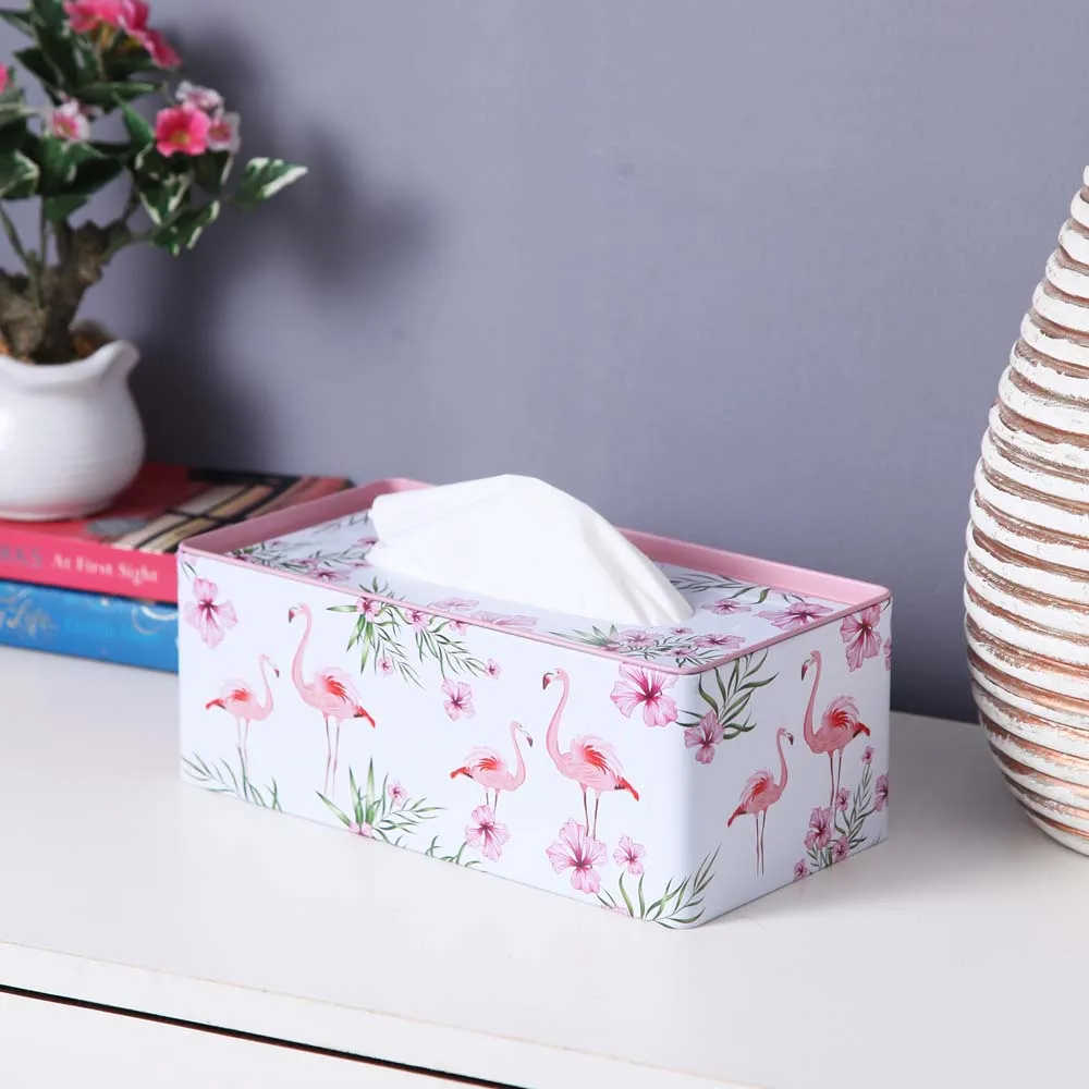 Flamingos Printed White Metal Tissue Box
