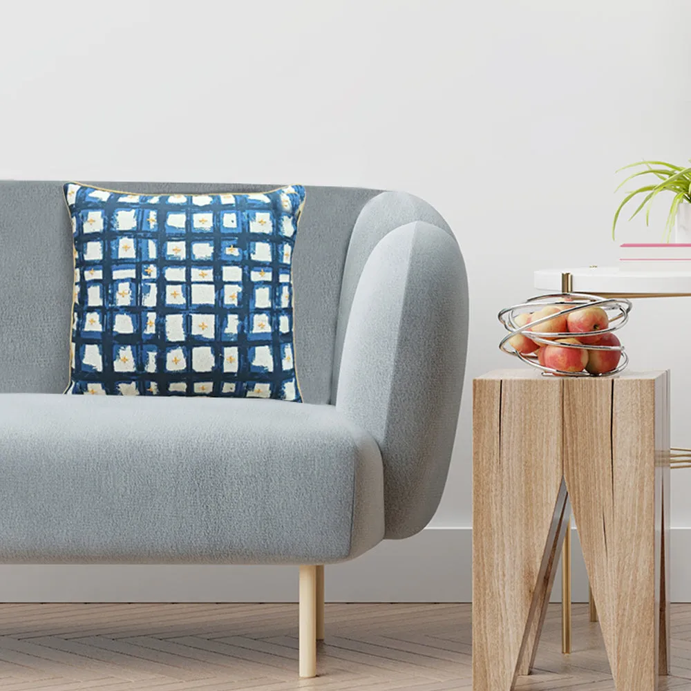 Flock Printed Blue Cotton Cushion Cover