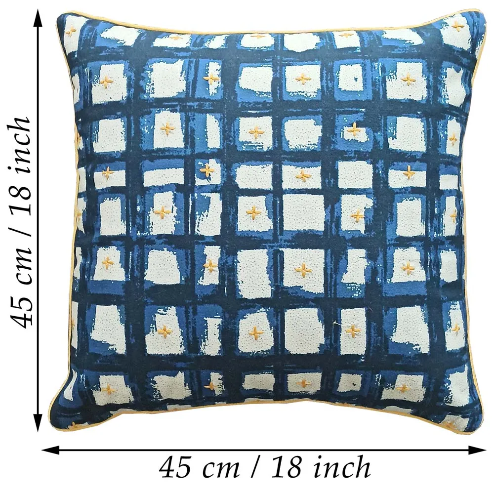 Flock Printed Blue Cotton Cushion Cover