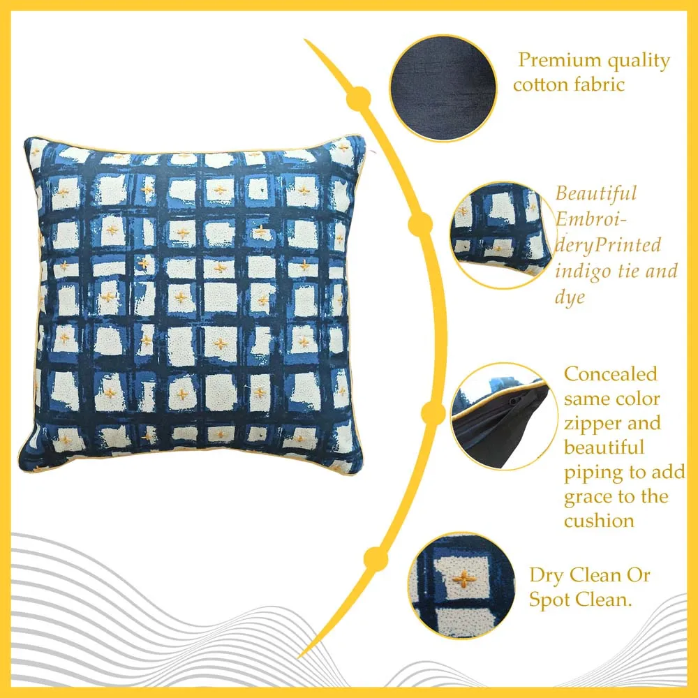 Flock Printed Blue Cotton Cushion Cover