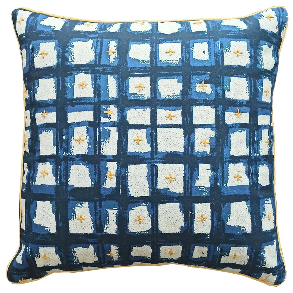 Flock Printed Blue Cotton Cushion Cover
