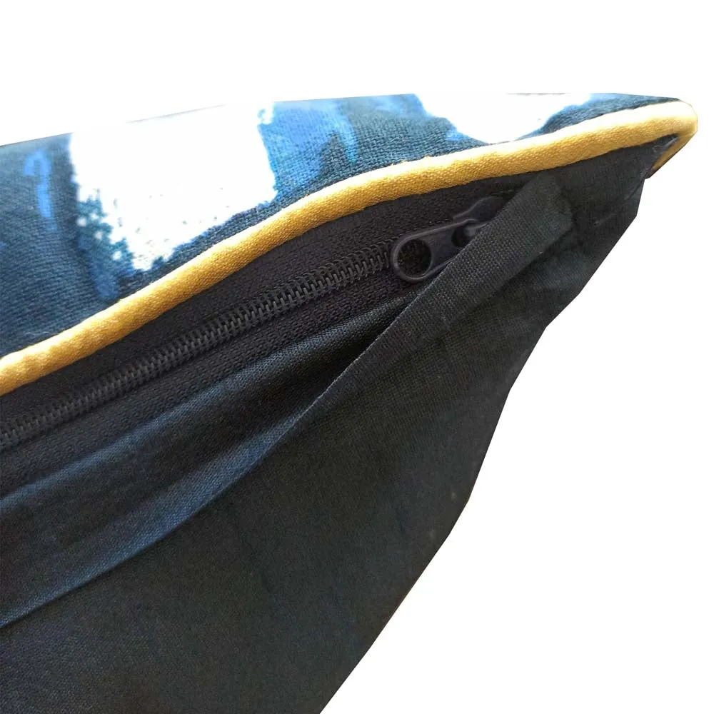 Flock Printed Blue Cotton Cushion Cover