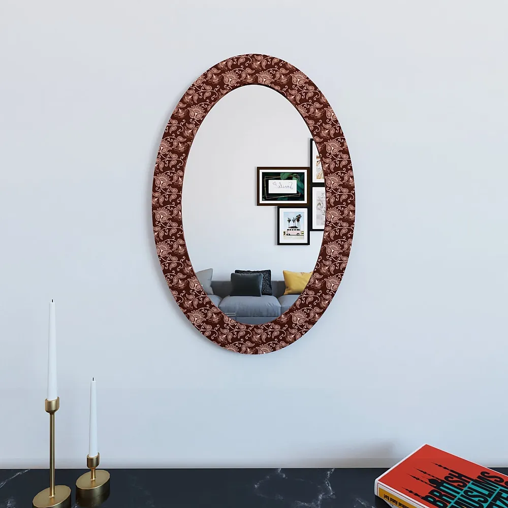 Floral Beauty Maroon Oval Printed Mirror