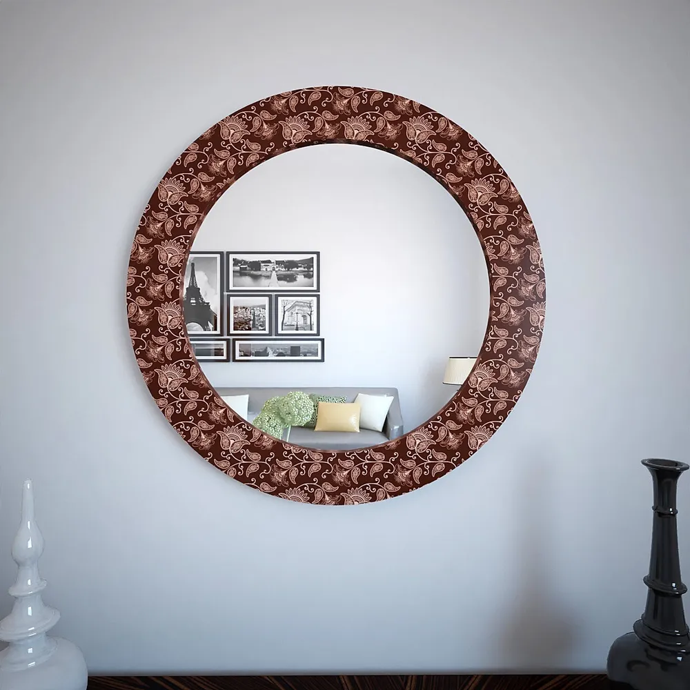 Floral Beauty Maroon Round Printed Mirror