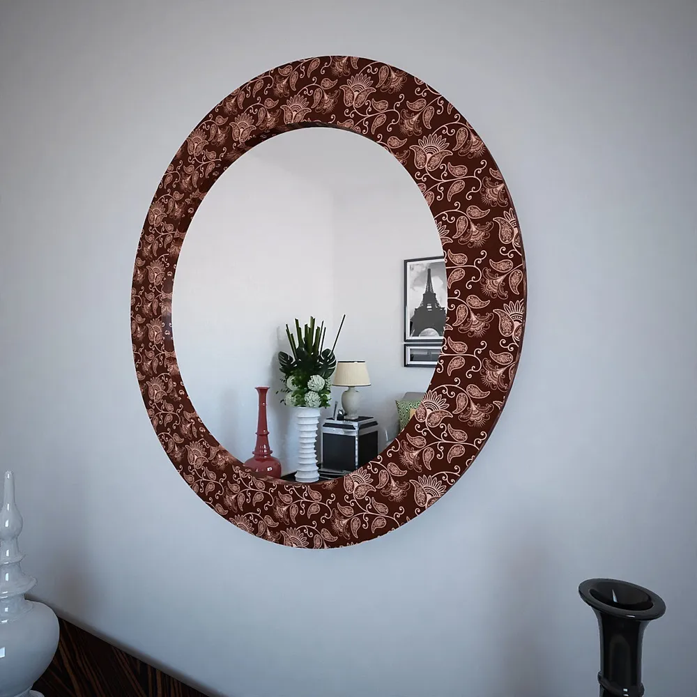Floral Beauty Maroon Round Printed Mirror