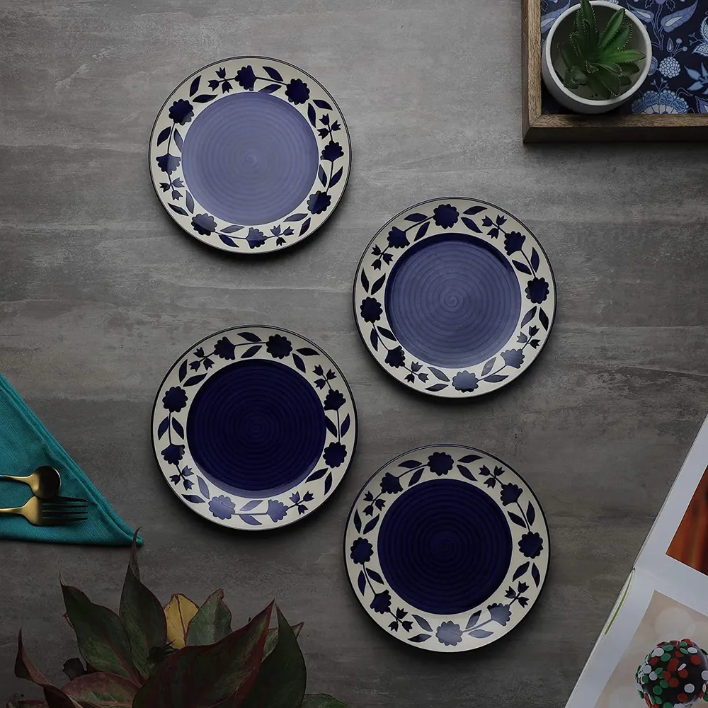 Floral Bordered Blue & White Ceramic Side Plates Set Of 4