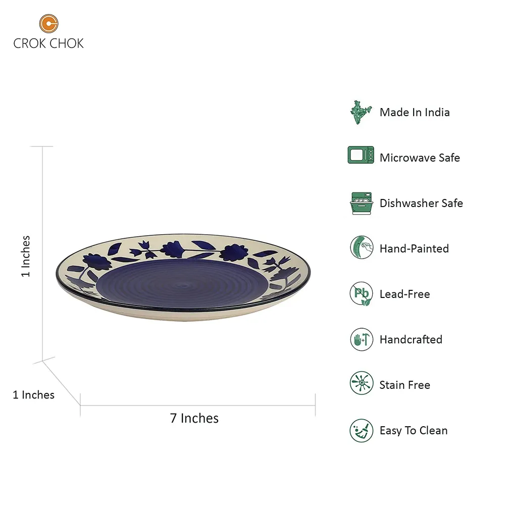 Floral Bordered Blue & White Ceramic Side Plates Set Of 4