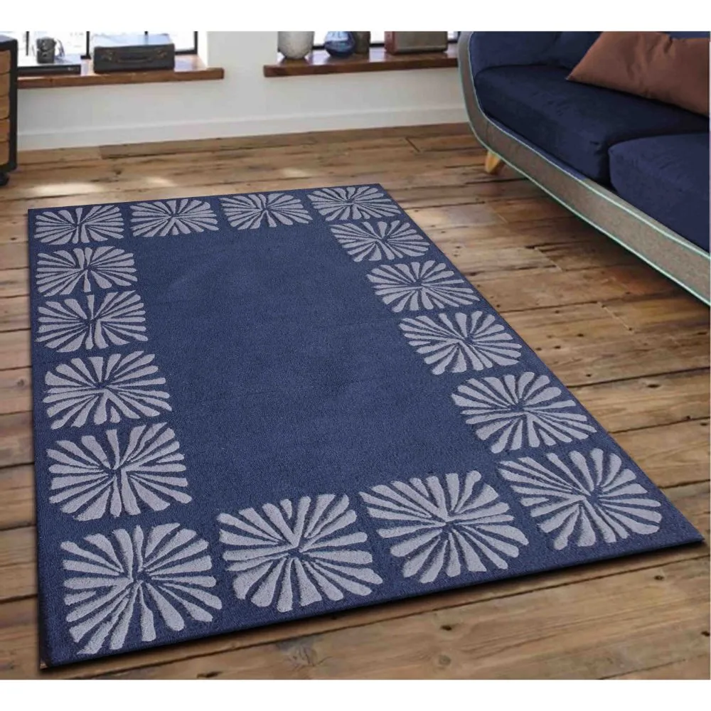 Floral Bordered Minimalist Blue & Silver Tufted Area Carpet 3X5ft
