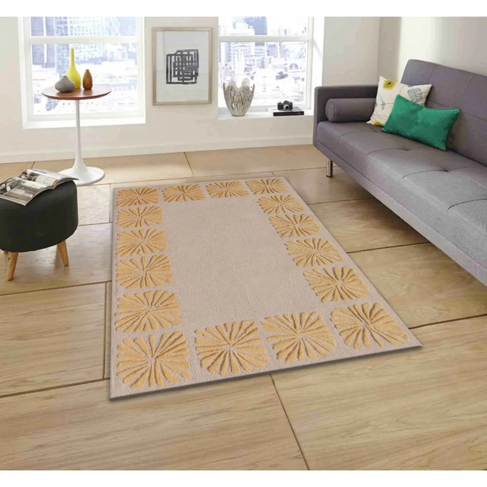 Floral Bordered Minimalist Golden & Beige Tufted Area Carpet 3X5ft
