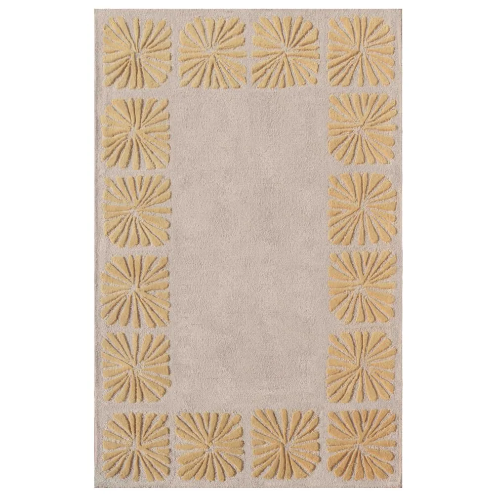 Floral Bordered Minimalist Golden & Beige Tufted Area Carpet 3X5ft