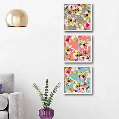 Floral Design Wall Painting with White Frame, Set of 3